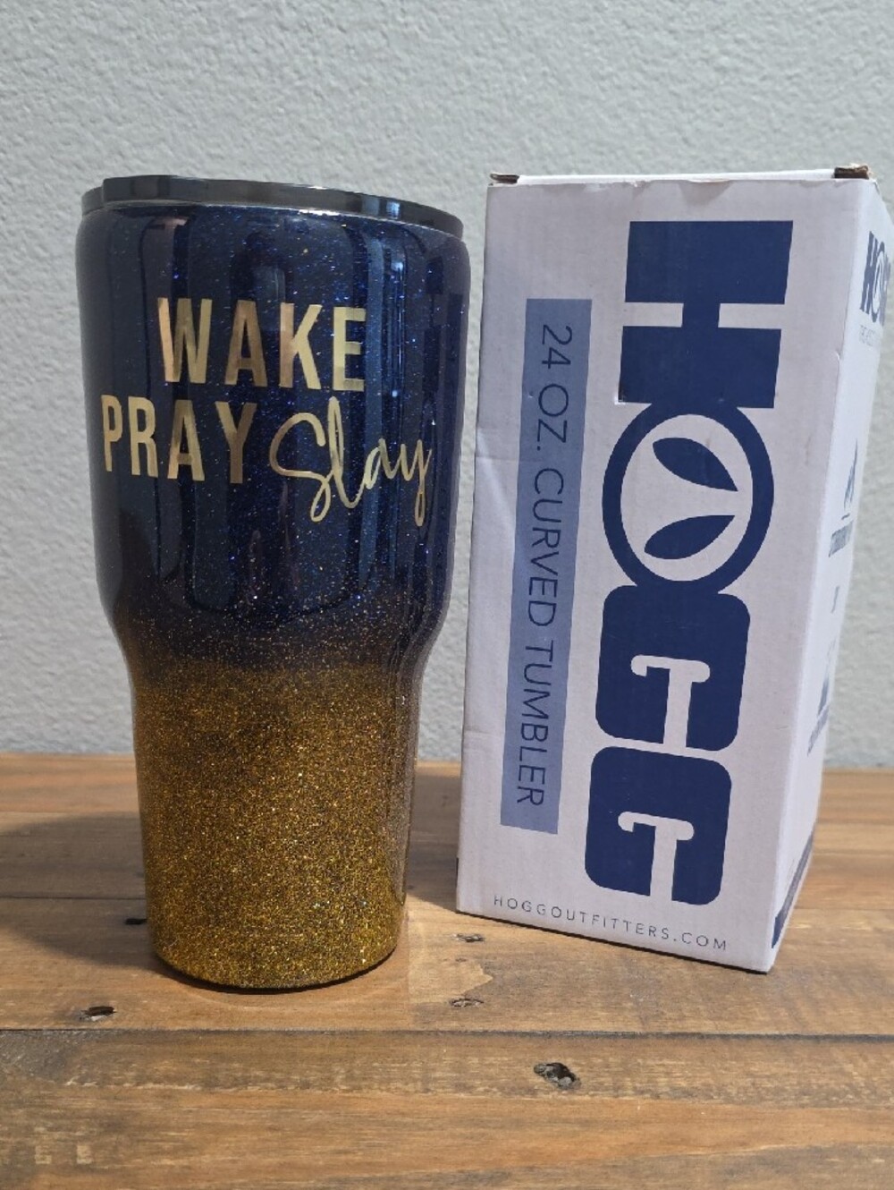 "Wake Pray Slay" Handmade Design Glitter Tumbler - Navy & Gold Glitter